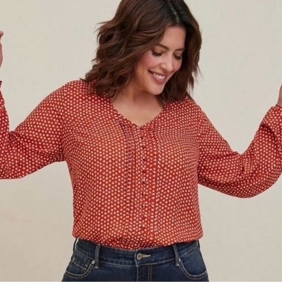 torrid Tops - Torrid Polka Dot Button Front Long Sleeve Blouse Women Size 1 Rust Orange White